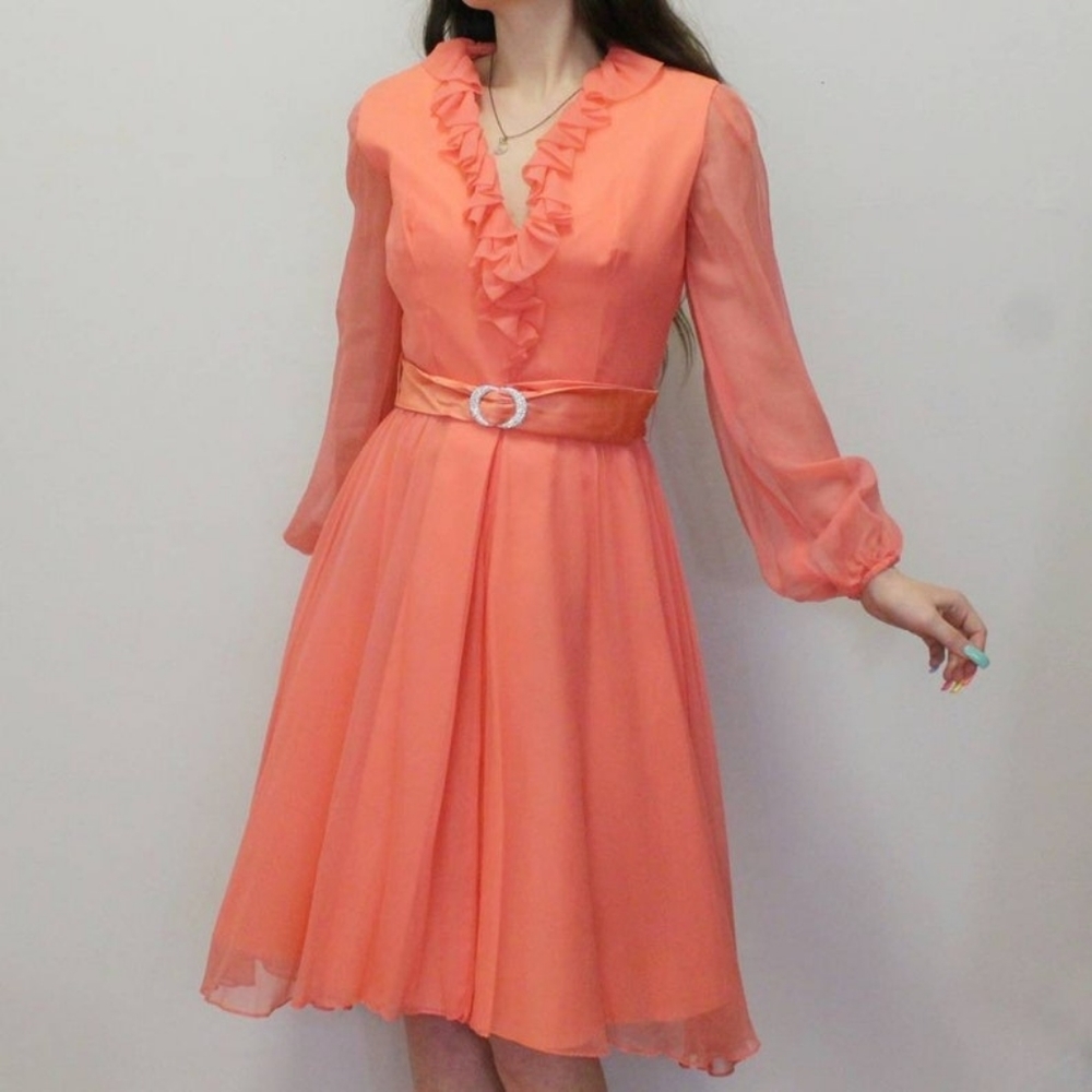 1960s Salmon Pink Chiffon Cocktail Dress